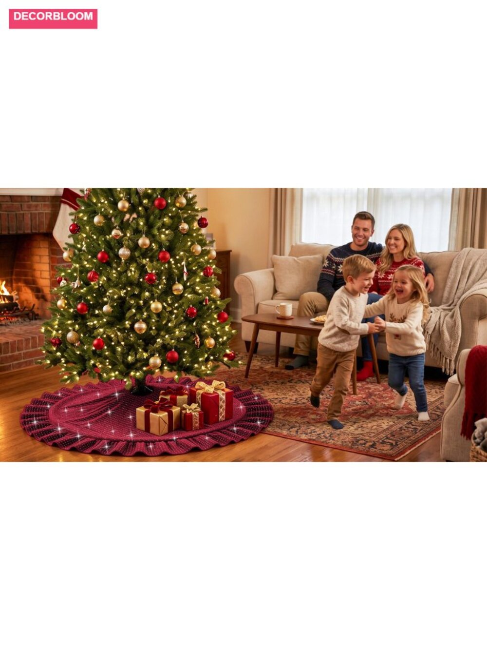 Velvet Christmas Tree Skirt 60 Inch Ruffled Glitter Rhinestone - Picture 6 of 6